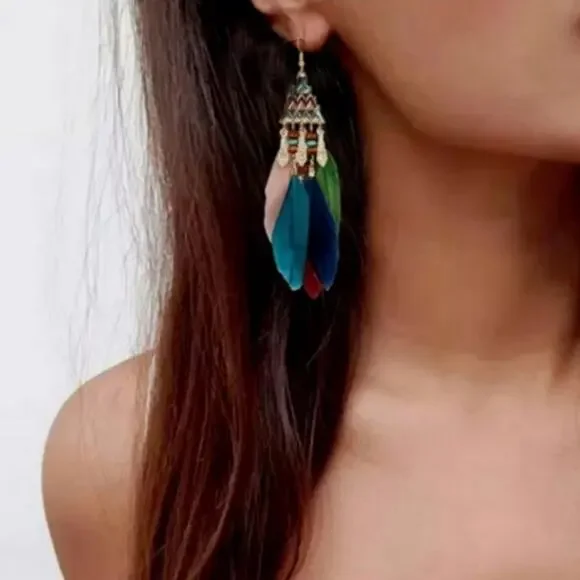 Equator Breeze Multicolor Feather Aztec Pyramid Earrings - Picture 2 of 5
